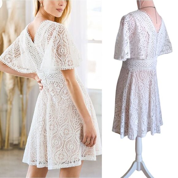 Lulu's Make My Wish White Crochet Lace Flutter Sleeve Mini Dress Medium - Picture 9 of 17